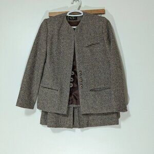 Charade Montreal Tweed Skirt Suit Beige Brown VINTAGE